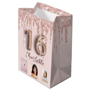 Sweet 16 Rose Gold Rosa Glitzer Foto Monogramm Mittlere Geschenktüte