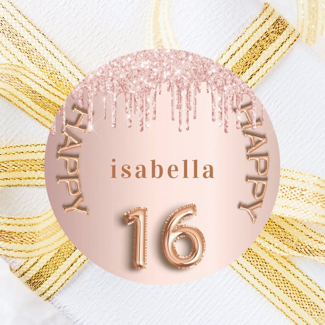 Sweet 16 Rose Gold Rosa Glitzer Tropfen Runder Aufkleber (Von Creator hochgeladen)