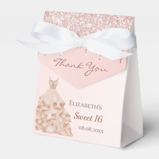 Sweet 16 Rose Gold rosa Tropfen Kleid danke Geschenkschachtel (Vorderseite)