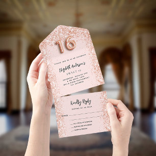 Sweet 16 Rose Gold Schwarz Funkeln Party UAWG All In One Einladung