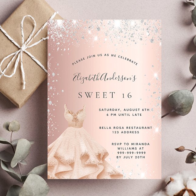 Sweet 16 Rose Gold silber Glitzer Kleid glamourös Einladung (Von Creator hochgeladen)