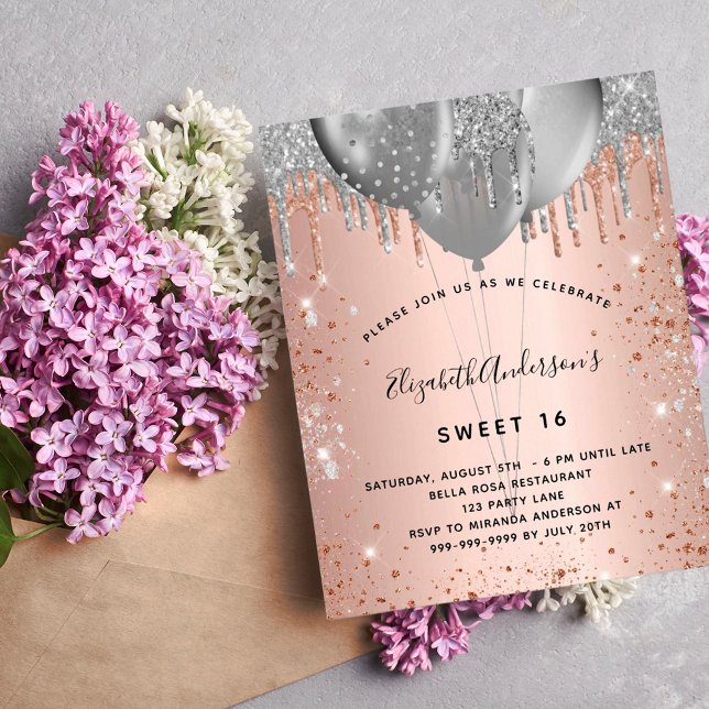 Sweet 16 Rose Gold Silberballons Einladung (Von Creator hochgeladen)