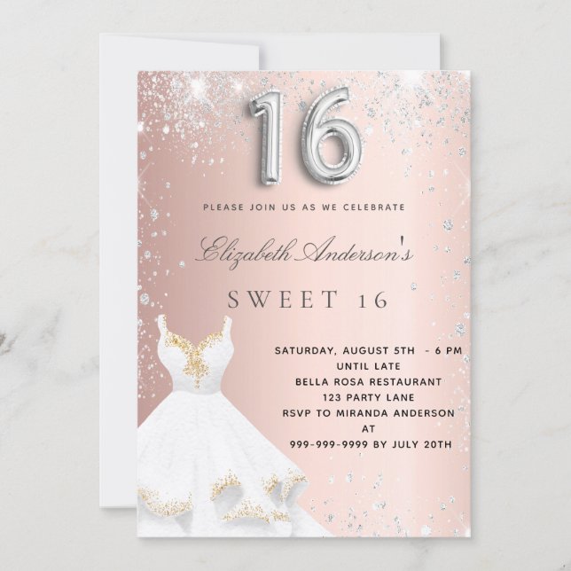 Sweet 16 Rose Gold Silberkleid Glitzer rot Einladung (Vorderseite)