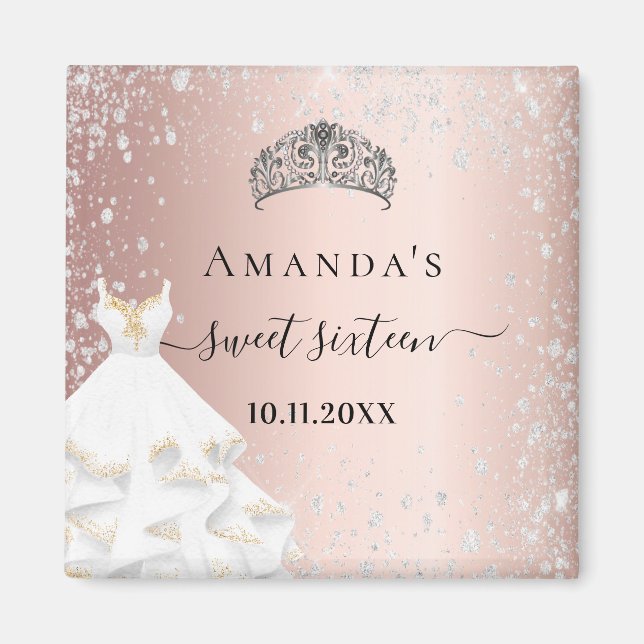 Sweet 16 Rose Gold Tiara Kleid Silber Glitzer Name Magnet (Vorne)
