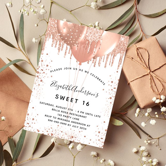 Sweet 16 Rose Goldballons mit weißem Glitzer Luxus Einladung (Von Creator hochgeladen)