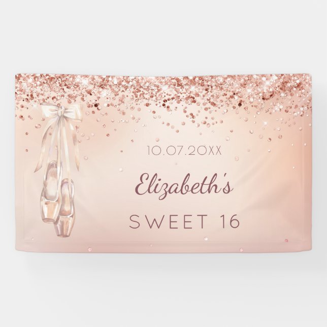 Sweet 16 Rose goldfarbene Tanzschuhe willkommen Banner (Horizontal)