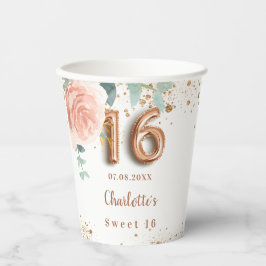 Sweet 16 Rose Goldflorale Glitzer Monogramm Pappbecher