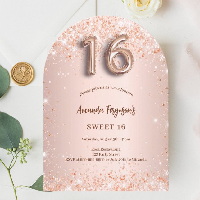 Sweet 16 Rose Goldpinke Konfetti Bogen Einladung (Von Creator hochgeladen)