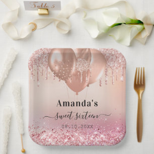 Sweet 16 Rose Goldrot Rosa Glitzer Name Pappteller