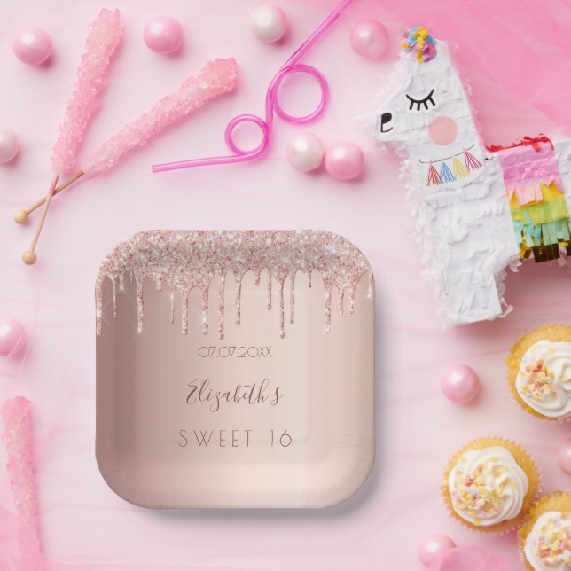 Sweet 16 Rose Goldrot Rosa Tropfen Name Pappteller (Party)