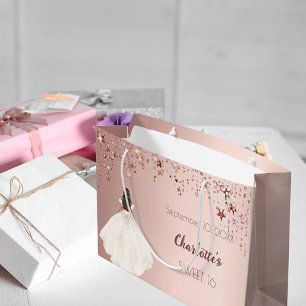 Sweet 16 Rose Goldsterne Elfenbeinkleid Große Geschenktüte