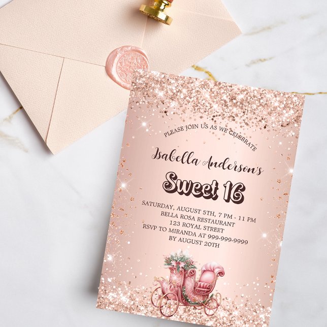 Sweet 16 Rose Goldwagen elegant Einladungspostkarte (Von Creator hochgeladen)