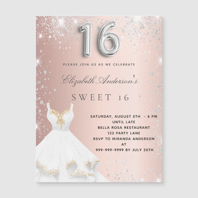 Sweet 16 rose or argent robe magnet invitation (Devant)