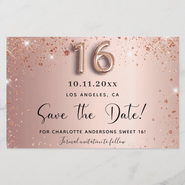 Sweet 16 rose or enregistrer la carte de date (Devant)