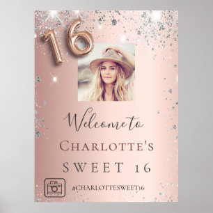 Sweet 16 Roségold-Foto Silber Glitter Willkommen Poster