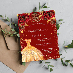 Sweet 16 Rot Gold Glitzer Kleid Blumenstrauß Einladung