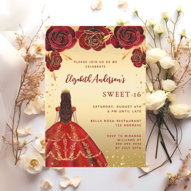 Sweet 16 Rot-Gold-Kleidung Florale Rose Einladung (Von Creator hochgeladen)