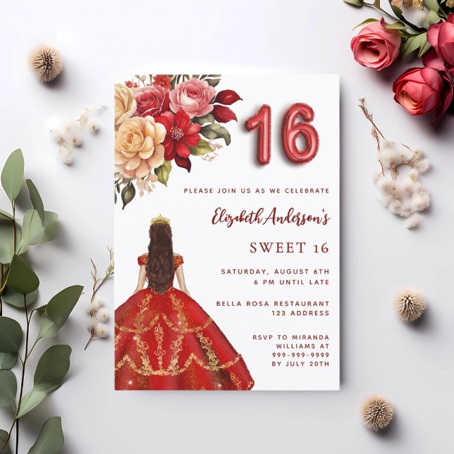 Sweet 16 Rot Gold Kleidung Florale Rose weiß Einladung (Von Creator hochgeladen)