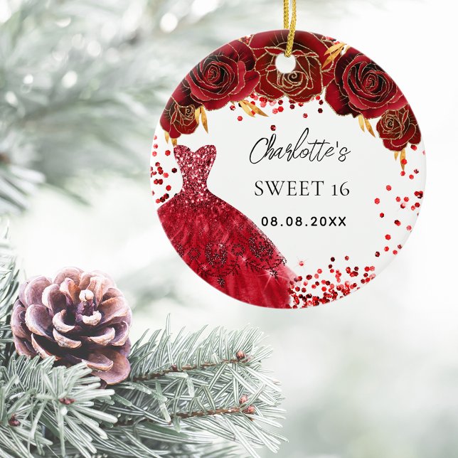 Sweet 16 Rot Kleid Blume weiß Keramik Ornament (Von Creator hochgeladen)