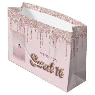 Sweet 16 rot Rosa Glitzer Custom Foto Rose Gold Große Geschenktüte