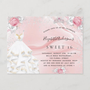 Sweet 16 rot rosa Glitzer Kleid Tiara Blumenmuster Einladungspostkarte