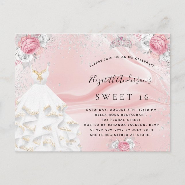 Sweet 16 rot rosa Glitzer Kleid Tiara Blumenmuster Einladungspostkarte (Vorderseite)