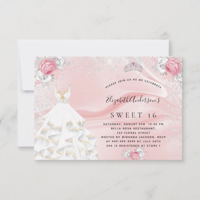 Sweet 16 rot Rosa Glitzer Kleid tiara Blumenstrauß Einladung (Vorderseite)
