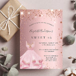 Sweet 16 rot rosa Glitzer Luxus Einladung<br><div class="desc">Eine moderne,  stilvolle und glamouröse Einladung zu einer Sweet 16. Geburtstagsfeier. Ein rot-rosa metallischer Hintergrund mit Rose vergoldeten Imitaten Glitzer und rosa Kleid. Der Name wird mit einem handgeschriebenen Stilskript geschrieben. Personalisieren Sie Ihre Party-Daten und fügen Sie sie hinzu.</div>