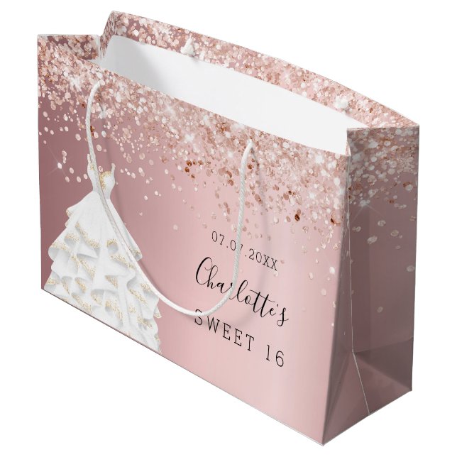 Sweet 16 rot rosa Rosa Goldkleid Große Geschenktüte (Rückseite Schrägansicht)