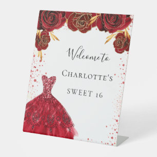 Sweet 16 rot-weiß Glitzer Kleid Blumenempfang Sockelschild