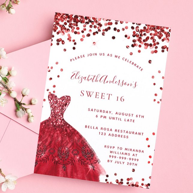 Sweet 16 rot weißes Kleid glamourös Einladungspostkarte (Von Creator hochgeladen)