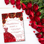 Sweet 16 rot weißes Kleid Luxus Einladung<br><div class="desc">Eine moderne,  stilvolle und glamouröse Einladung zu einer Sweet 16. Geburtstagsfeier. Weißer Hintergrund mit Glitzern,  rotes Kleid und rote Rosen,  Blumenmuster. Der Name ist mit einem modernen handgeschriebenen Stilskript geschrieben. Personalisieren Sie Ihre Party-Daten und fügen Sie sie hinzu.</div>