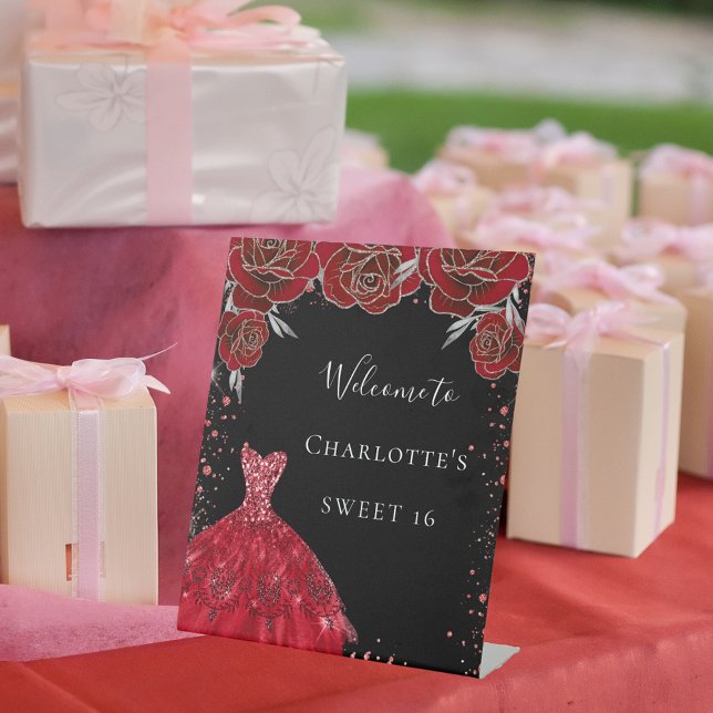 Sweet 16 rote schwarze Kleiderfloralen willkommen Sockelschild (Von Creator hochgeladen)