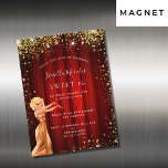 Sweet 16 Rotgold Glitzer Luxus-Film Magneteinladung<br><div class="desc">Ein moderner, stilvoller und glamouröser Einladungs-Magnet für eine Sweet 16, 16. Geburtstagsparty, Hollywood theme. Ein roter Hintergrund mit Imitaten goldenen Glitzer Staub, ein Mädchen mit einem goldenen Kleid. Ein roter Filmvorhang als Hintergrund Der Name ist mit einem modernen handgeschriebenen Stift geschrieben. Personalisieren Sie Ihre Party-Daten und fügen Sie sie hinzu....</div>