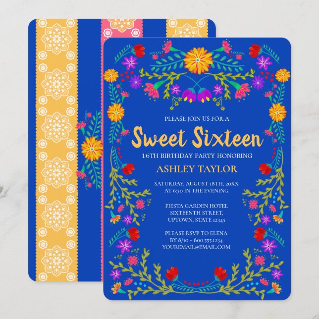 Sweet 16 Royal Blue Fiesta Blume 16. Einladung (Vorne/Hinten)