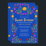 Sweet 16 Royal Blue Mexican Fiesta Floral Geburtst Einladung<br><div class="desc">Royal Blue Sweet 16 Einladung für die 16. Geburtstagsfeier Ihrer Tochter. Dieses Blumenmotiv besticht durch helle und farbenfrohe mexikanische Folklorekunst-Blume in Rot, Rosa, lila und Gelb auf einem königsblauen Hintergrund. Die Rückseite der Karte ist von mehr Blume umgeben. Die Vorlage ist für Sie bereit, um die Karte mit all Ihren...</div>