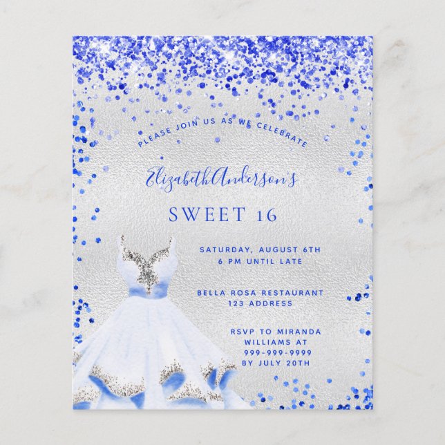 Sweet 16 Royal Blue Silber Budget Einladung Flyer (Vorne)