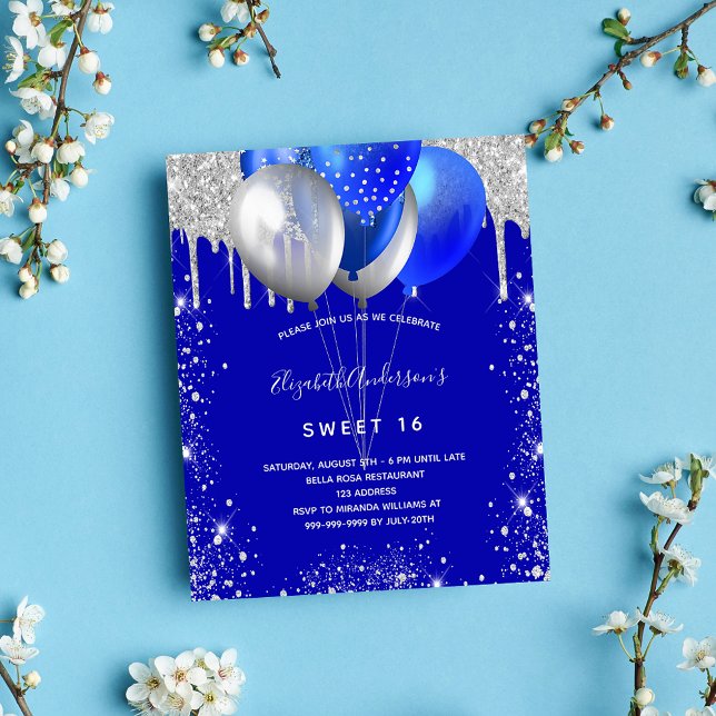 Sweet 16 Royal Blue Silber Einladung Budget Flyer (Von Creator hochgeladen)