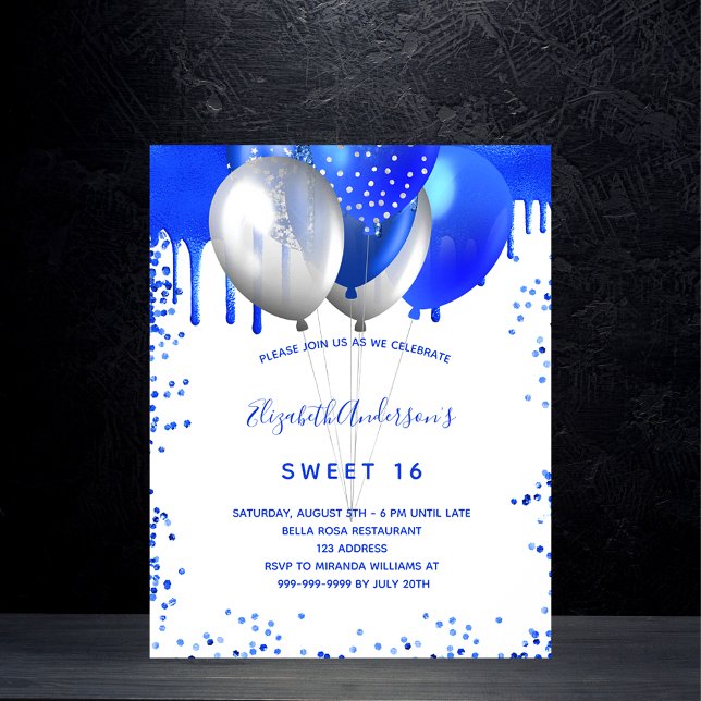 Sweet 16 Royal Blue White Budget Einladung Flyer (Von Creator hochgeladen)