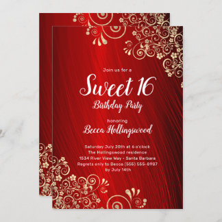 Sweet 16 Ruby Red Gold Wirbel Party Einladung