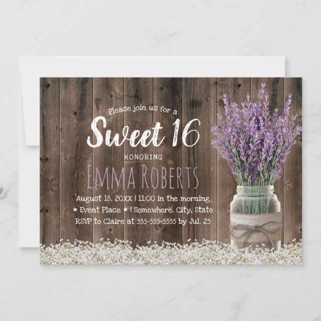 Sweet 16 Rustic Lavender Floral Jar Elegant Wood Einladung (Vorderseite)