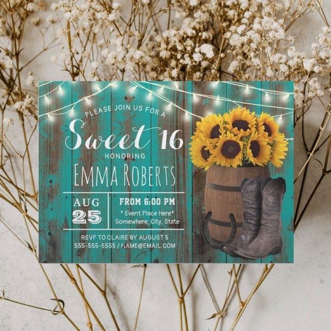 Sweet 16 Rustic Sonnenblume Aquamariner Western Co Einladung (Von Creator hochgeladen)