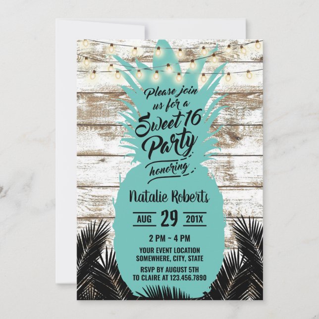 Sweet 16 Rustic Tropical Beach Aquamarin Ananas Einladung (Vorderseite)
