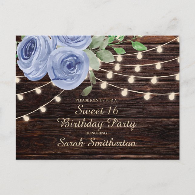 Sweet 16 Rustic Wood Blue Floral String Lights Postkarte (Vorderseite)