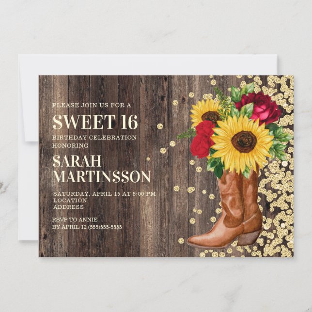 Sweet 16 Rustic Wood Boots Sonnenblumen Rote Rosen Einladung (Vorderseite)