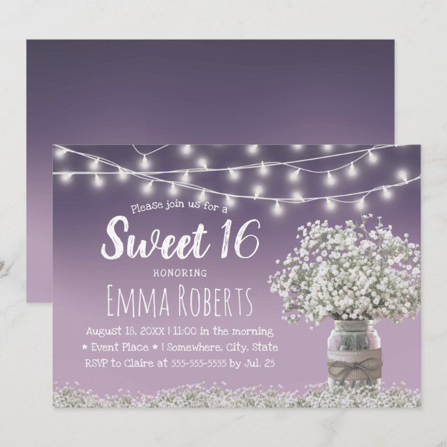 Sweet 16 Rustikale Babys Atemberaubende Blume Dust Einladung (Vorne/Hinten)