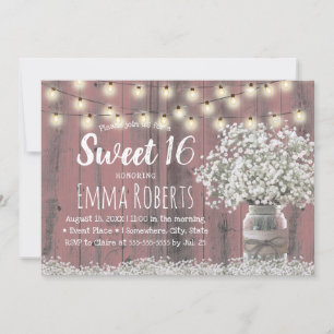 Sweet 16 Rustikale Babys atmen Blumenkohl Jar Pink Einladung