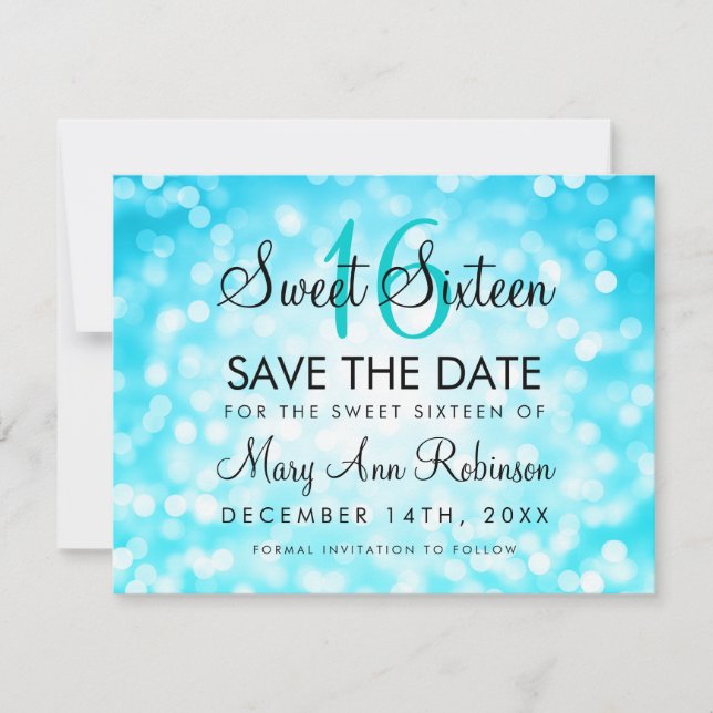 Sweet 16 Save the Date Aquamarin Blue Glitzer Ligh (Vorderseite)