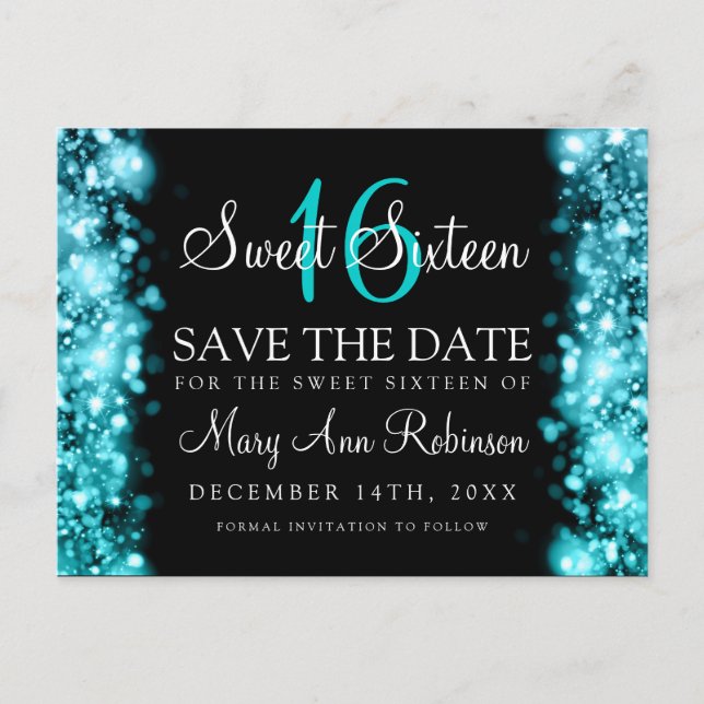 Sweet 16 "Save the Date" funkelnde Lichter Türkis Ankündigungspostkarte (Vorderseite)