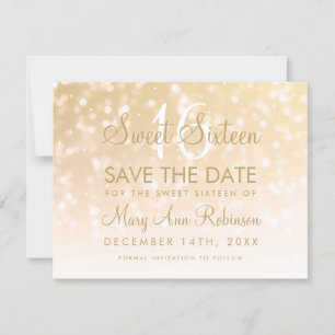 Sweet 16 Save the Date Gold Bokeh Sparkle Lights